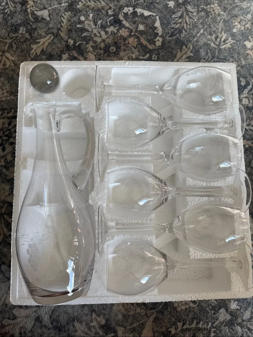Crown Clear Etched 7-Piece Wine Glass and Decanter Set